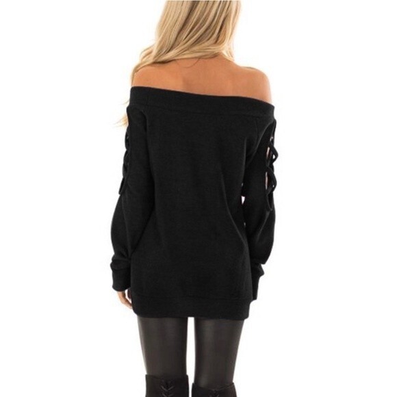 143 Story dark green off shoulder long sleeve sweater with cutouts size small - Picture 3 of 5